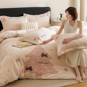 高端牛奶绒四件套秋冬季卡通少女加厚加绒保暖被套床单笠床上用品