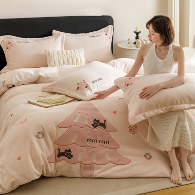 高端牛奶绒四件套秋冬季卡通少女加厚加绒保暖被套床单笠床上用品