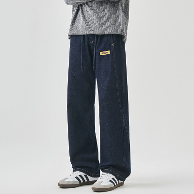 男士阔腿牛仔裤抽绳松紧腰工装裤潮流百搭街头风裤子青年男装