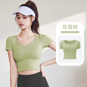 新款瑜伽短袖高弹修身免穿文胸跑步瑜伽服T恤