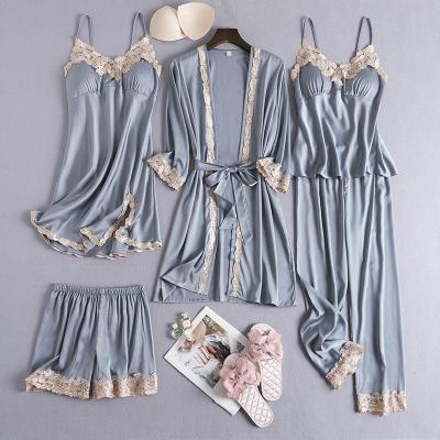 睡衣女夏季五件套装春秋款冰丝网红睡衣性感新款时尚迷人睡裙睡袍