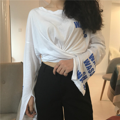 秋装女装韩版宽松简约字母印花开叉女长袖T恤女学生上衣打底衫潮