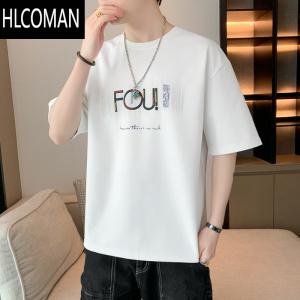 HLCOMAN春季白色短袖t恤男士夏季2025新款潮牌ins冰丝薄款印花半袖体恤衫