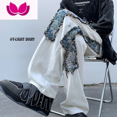 七斓美式vibe风裤子男oversize设计感高街白色牛仔裤大码直筒拖地长裤