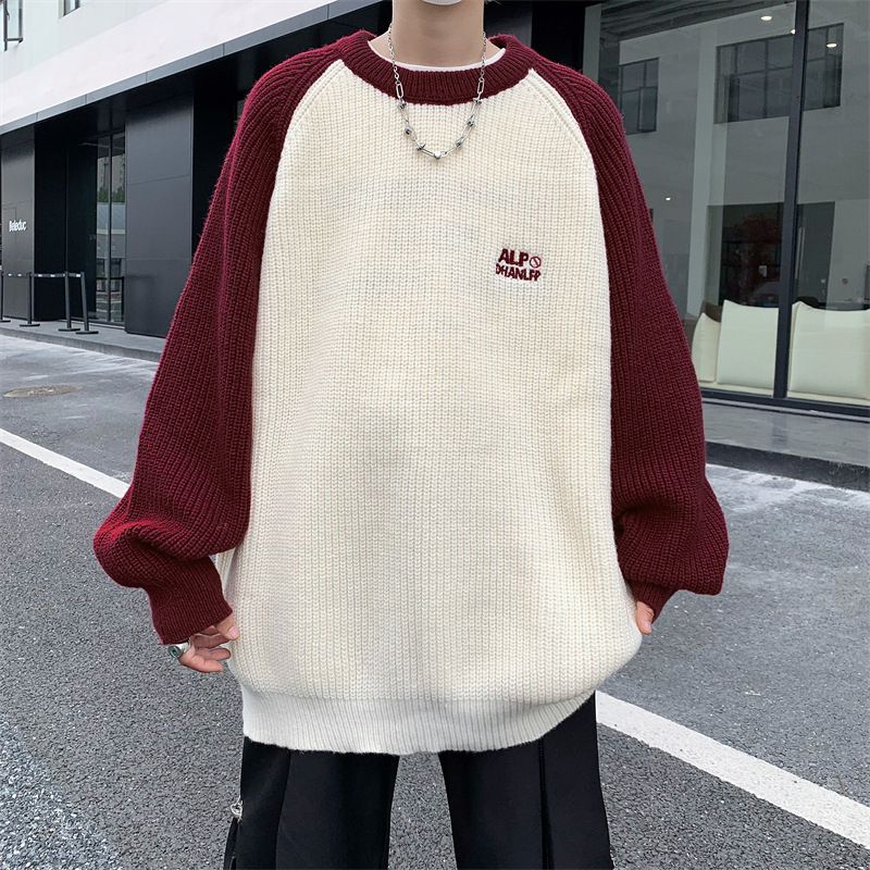毛衣男春秋新款美式插肩袖宽松学院风潮牌针织衫圆领套头毛衣外套