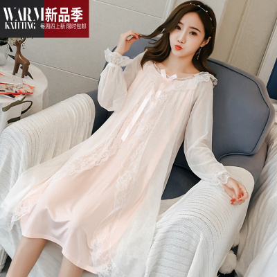 睡裙女春秋季甜美可爱网纱韩版性感棉仙女公主风复古宫廷睡衣女SHANCHAO