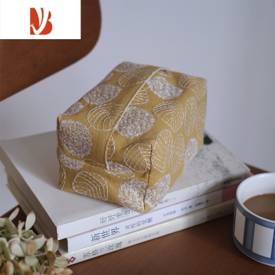 三维工匠纸巾袋布艺 手工制作棉麻日系刺绣皆川明风简约客厅 抽纸盒纸抽套 姜黄色绣球花