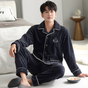 珊瑚绒睡衣男士秋冬款加厚加绒保暖开衫大码法兰绒冬季家居服套装