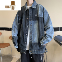 YANXU设计感撞色拼接水洗做旧牛仔外套男潮牌美式宽松休闲翻领夹克