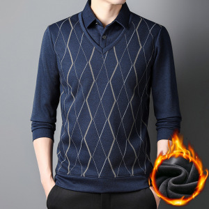 加厚假两件长袖T恤衫男秋冬新款保暖加绒打底Polo衫中年男装上衣_65655