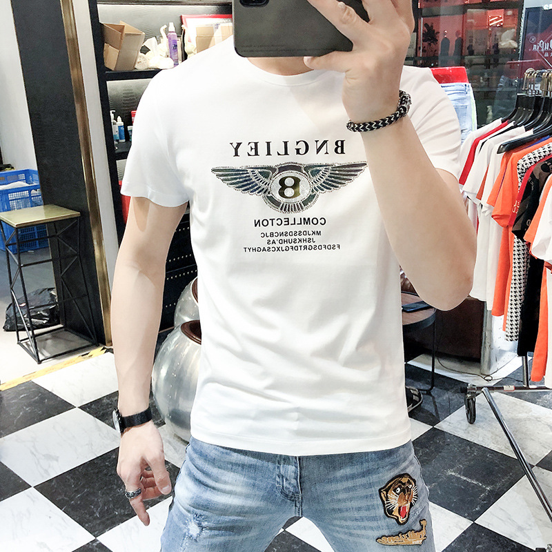 欧洲站成熟薄款男T丝光棉字母印花烫钻短袖修身体恤衫大码男百搭
