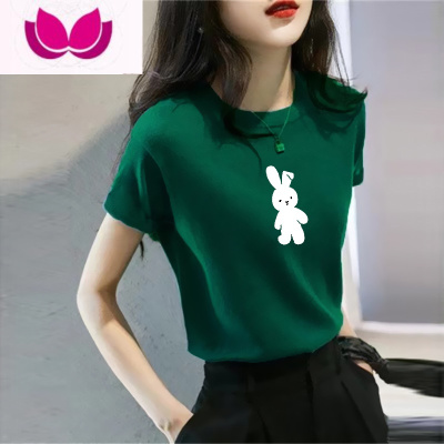 七斓墨绿色短袖t恤女宽松2023新款本命年打底内搭兔子圆领上衣夏