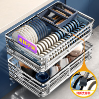 拉篮厨房橱柜304不锈钢双层抽屉式碗碟架柜内收纳调味料碗篮
