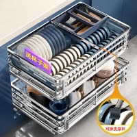 拉篮厨房橱柜304不锈钢双层抽屉式碗碟架柜内收纳调味料碗篮
