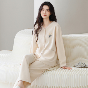 啄木鸟秋冬季睡衣女德绒羊毛蚕丝棕色春秋季加厚保暖家居服套装