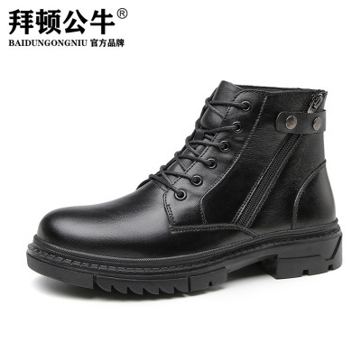 拜顿公牛男靴大码马丁靴男高帮真皮纯黑色机车棉鞋子皮鞋皮毛一体雪地靴