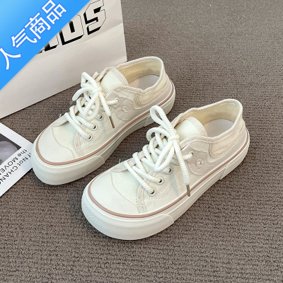 SUNTEK网红小众原创设计小白帆布鞋女2023新款春秋厚底chic百搭休闲板鞋