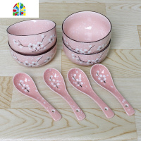 日式创意碗勺套装家用餐具陶瓷碗碟组合4碗4勺多彩米饭碗小勺汤匙 FENGHOU 4.25英寸绿碗绿勺送筷 8件