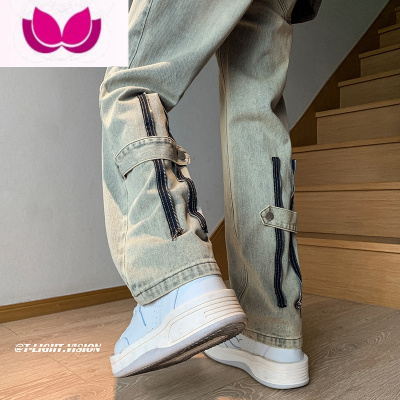 七斓美式vibe风裤子高街重工黄泥染牛仔裤男款微喇拉链修身直筒工装裤