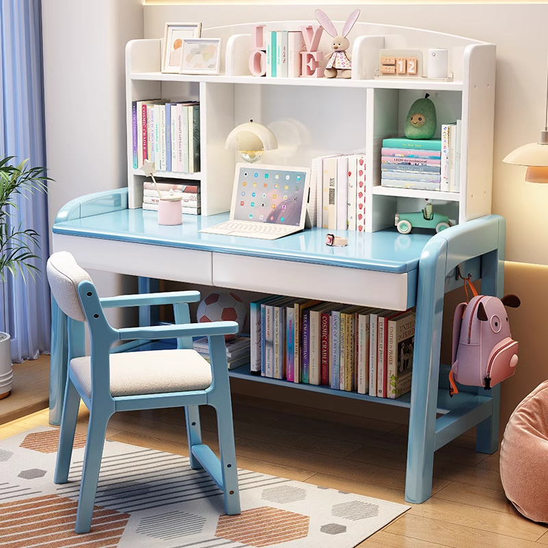 实木书桌书架一体家用儿童学习桌男孩初中生小学生写字桌电脑桌子