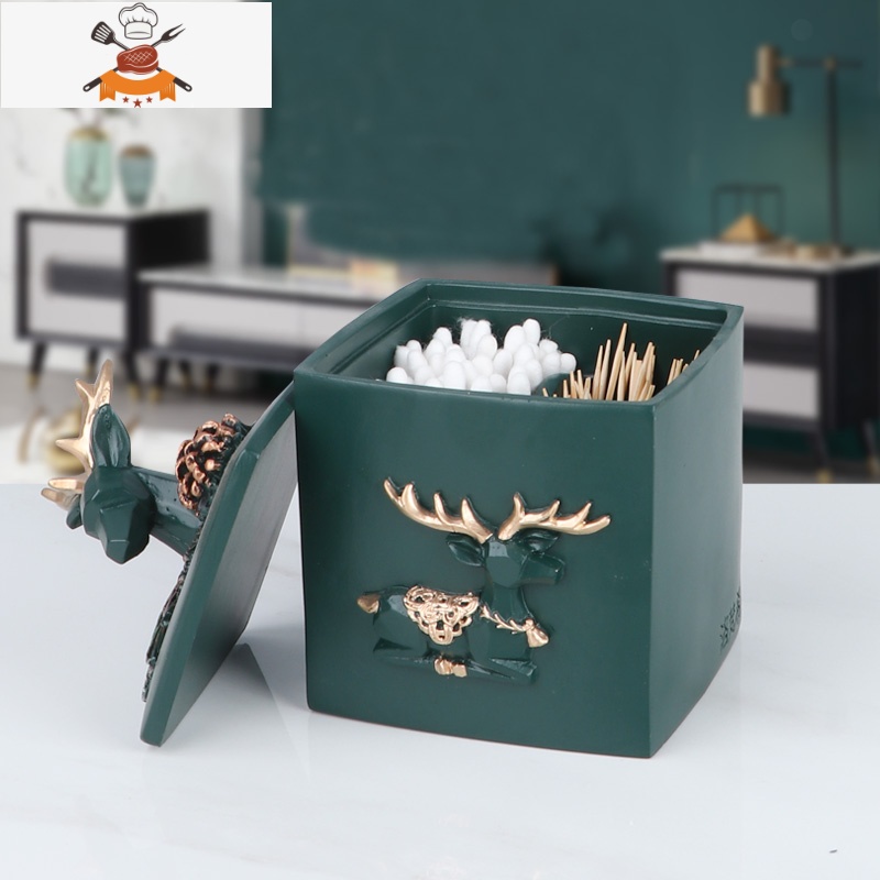 轻奢北欧ins牙签盒带盖棉签盒可爱家用创意组合套装化妆棉收纳盒 敬平 绿色 三格款小鹿棉签盒A牙签筒