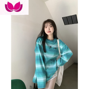 七斓秋装上衣女2022设计感渐变条纹小众宽松休闲长袖T恤