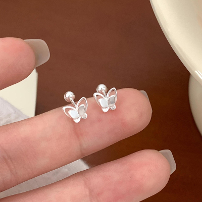 S999纯银迷你双层立体蝴蝶耳钉女甜酷精致耳骨钉耳环休闲耳饰送女朋友老婆情人节七夕生日礼物