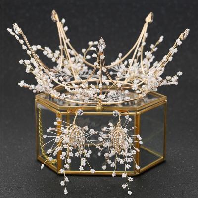 精致珠花气质皇冠耳夹套装新娘结婚写真宴会洛滑造型头饰气质圆形米珠皇冠+耳钩