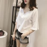 夏装新款韩版纯色宽松v领吊带短袖T恤学生大码女士上衣服女装