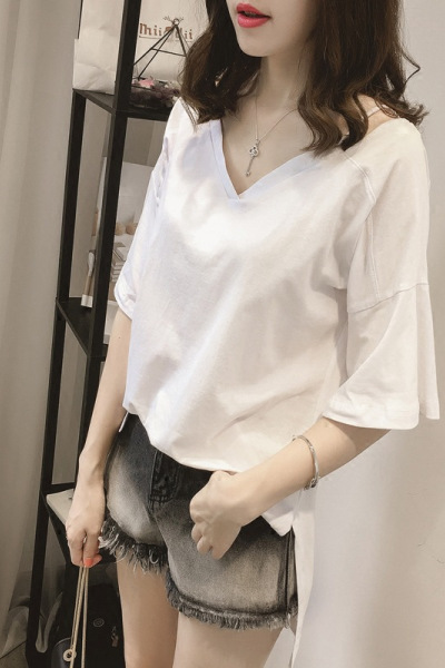 夏装新款韩版纯色宽松v领吊带短袖T恤学生大码女士上衣服女装