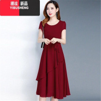 YIBUSHENG新款中年妈妈圆领收腰显瘦连衣裙女季修身气质40岁洋气裙子女装