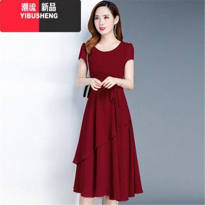 YIBUSHENG新款中年妈妈圆领收腰显瘦连衣裙女季修身气质40岁洋气裙子女装