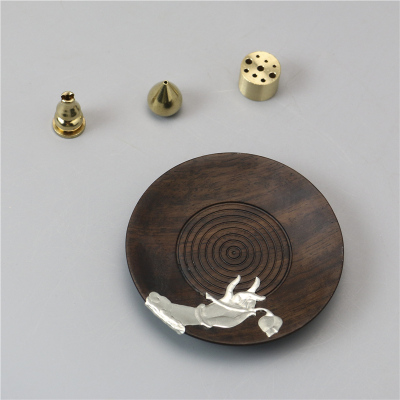 镶锡莲花叶枫叶迷你香插盘香炉-观音手黑檀木+三个大香插