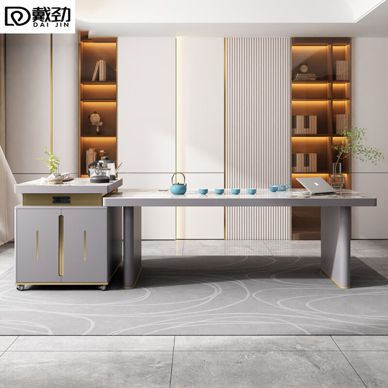 戴劲现代轻奢岩板餐桌岛台茶桌烧水壶一体桌客厅泡茶桌椅2.4米单桌