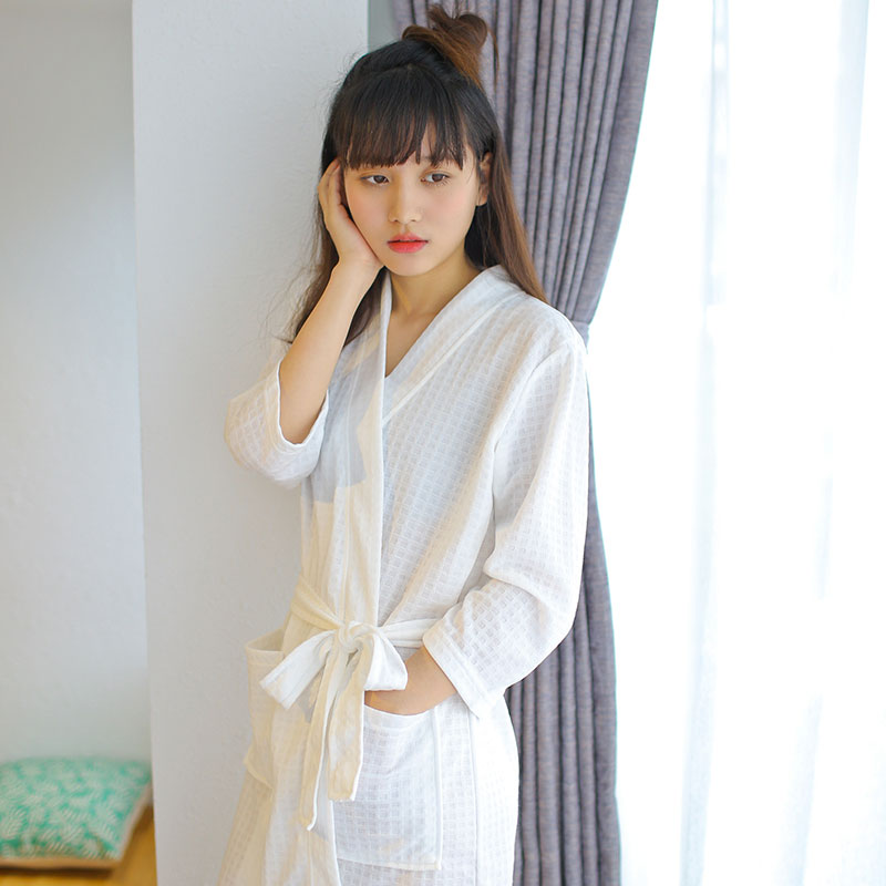 睡袍女夏季薄款华夫格浴袍女简约中长款浴衣男女士睡衣情侣家居服