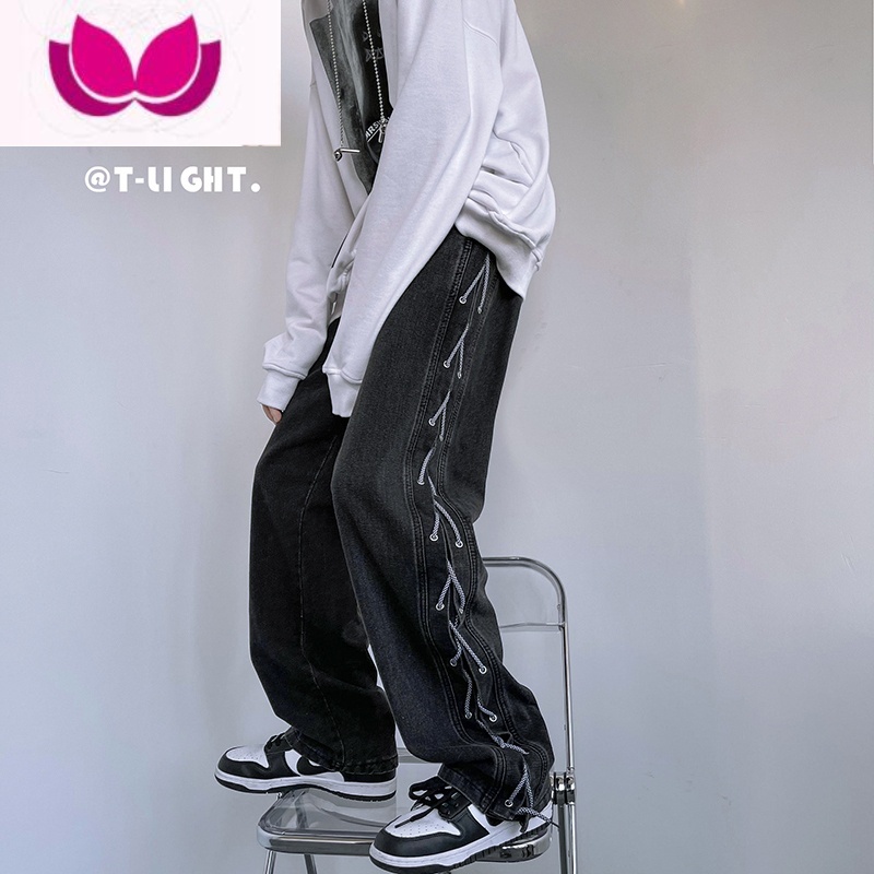 七斓hiphop炸街裤子高街ins潮男美式vibe风牛仔裤设计感小众阔腿裤男