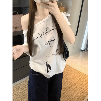 甜辣风设计感斜肩短袖T恤女装2025夏季字母印花百搭宽松学生上衣