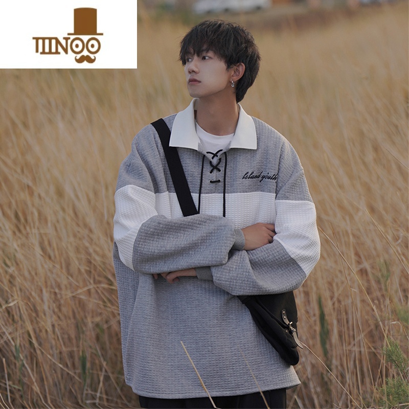 YANXU华夫格卫衣男秋季oversize美式高街长袖款潮流翻领潮牌polo衫