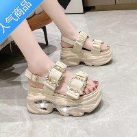 SUNTEK厚底水钻凉鞋女2023年夏季新款韩版百搭增高9cm金属扣松糕罗马鞋