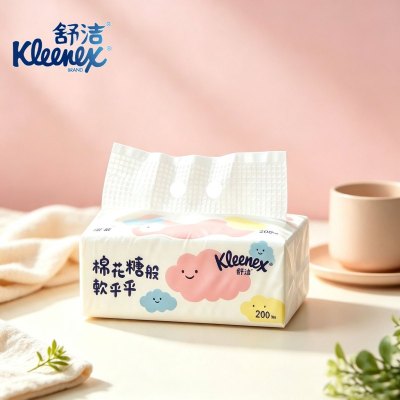 舒洁抽纸 面巾纸 卡通棉花糖款 2层 200抽/包×1包 大尺寸 亲肤柔软原