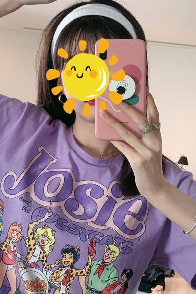 美式卡通夏装新款大码短袖T恤女圆领宽松上衣多巴胺学生衣服