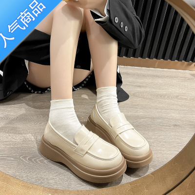 SUNTEK大头乐福鞋女一脚蹬2023新款白色英伦小皮鞋春季厚底增高圆头鞋子