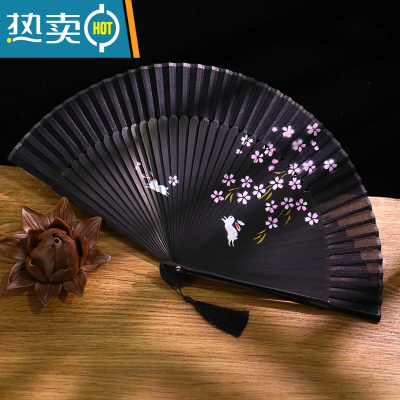 XIANCAI夏季随身流苏小扇子中国风古风折扇女士折叠复古汉服舞蹈小竹扇 [升级版]11落英缤纷(黑)