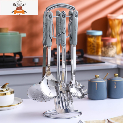 北欧不锈钢厨具全套炒菜套装锅铲勺子厨房家用火锅漏勺汤勺挂架托 敬平 大理石纹-灰银色 7件套