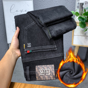 冬季男式加绒牛仔裤可水洗简约棉质舒适裤男士品质刺绣休闲裤男