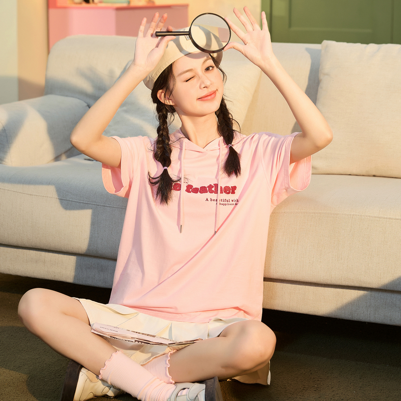 [2.5折价69元]唐狮夏季新款女T恤粉色连帽宽松短袖卫衣百搭休闲纯棉上衣