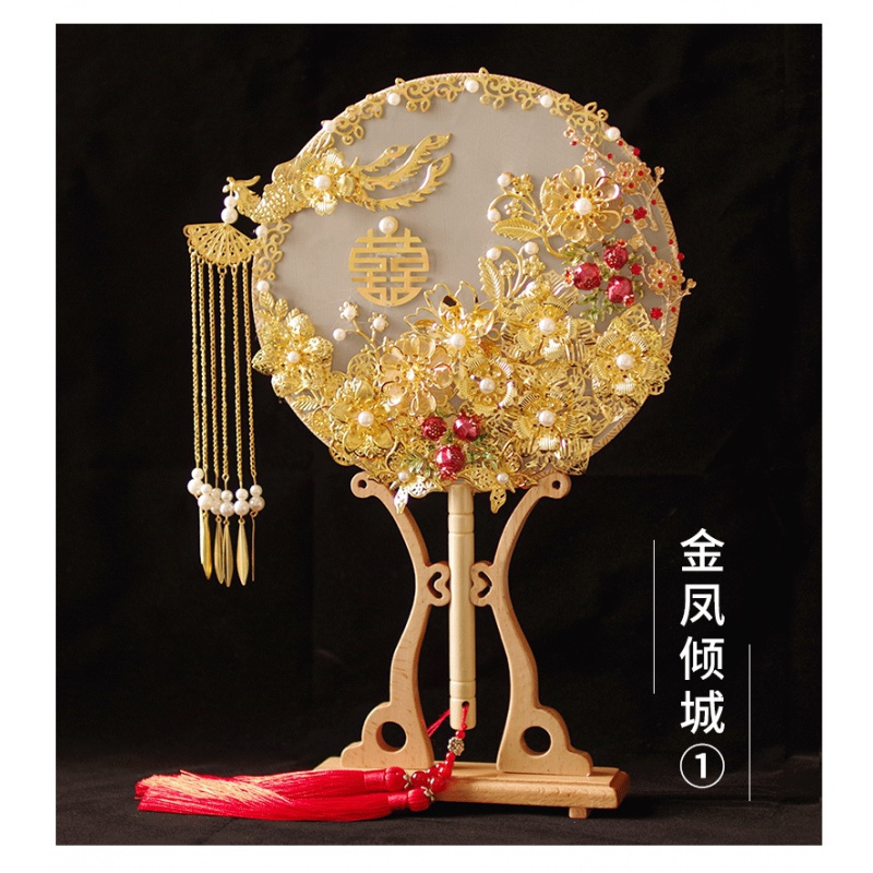 美帮汇新娘秀禾团扇结婚古风婚礼扇子中式喜扇出嫁遮面手工diy材料包 花好月圆DIY材料包送工具