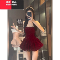 YIBUSHENG微胖红色重工抹胸连衣裙女甜辣妹收腰短裙裤风情万种抹胸生日礼服
