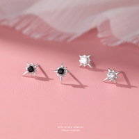 s999足银八芒星耳钉女时尚轻奢星星耳饰小众黑与白镶嵌锆石养耳洞送女朋友老婆情人节七夕生日礼物