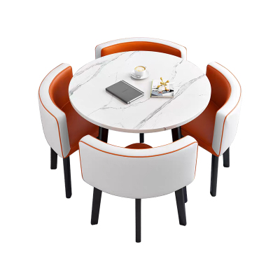 中豫鑫泽ZYXZ4100936 简约接待桌椅洽谈桌椅 一桌四椅 白石根圆橙白皮椅